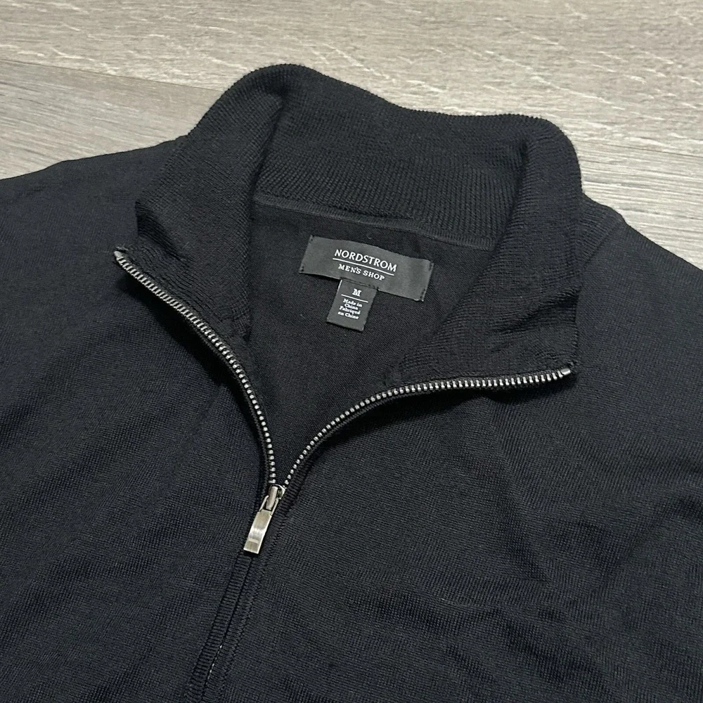 Nordstrom Men's Black 50% Merino Wool/Coolmax Polyester 1/4 Zip Sweater - Size M